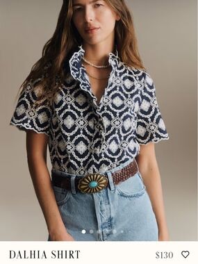 Sezane Dalhia Navy and White Button-Down Shirt NWT 14